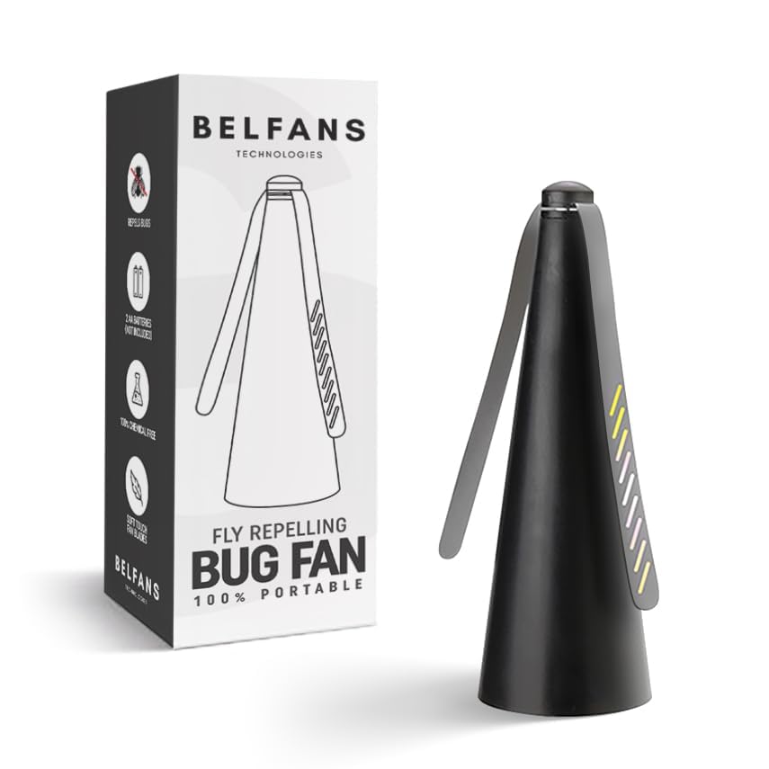 Belfans FlyRepellent Fan for Tables – Rechargable/USB Powered, Soundless Fly Swatter with Holographic Blades and Portable Fly Fan for Bees, Wasps & Outdoor Use (Black)