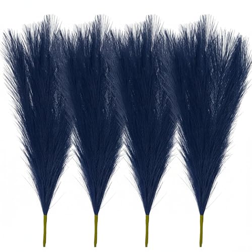 Image of Pack of 4 Pcs Artificial Flowers Faux Pampas Grass Small Fake Flower Plant for Home Decor, Office, Bedroom, Living Room, Table Decoration, Dried Plants (Without Vase Pot) (Navy Blue)