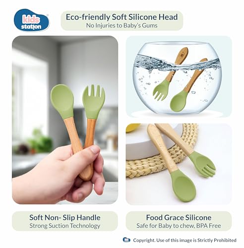 Image of Kids Station Koala Design 5-Piece Silicone Feeding Set for Babies | BPA-Free, Includes Suction Plate, Bowl, Spoon, Fork & Bib | Ideal for Infants & Toddlers (Set of 5 Koala Feeding Set, Green)