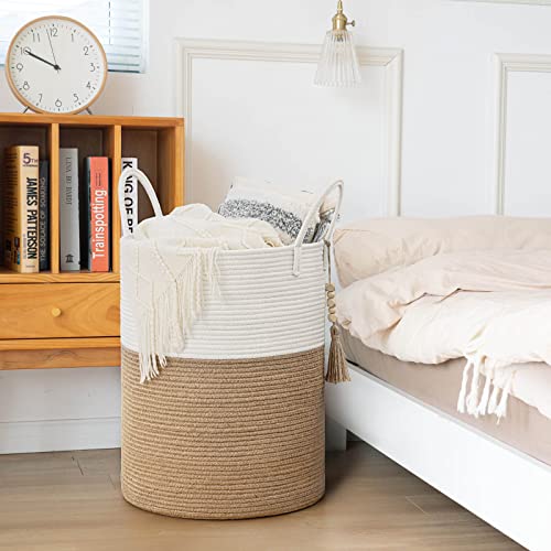 Goodpick Woven Laundry Basket Decorative Blanket Basket For Living Room, Tall Storage Basket For Clothes, Toys, Towels, Wicker Laundry Hamper 16 X 20 Inches, White And Jute #TOP5