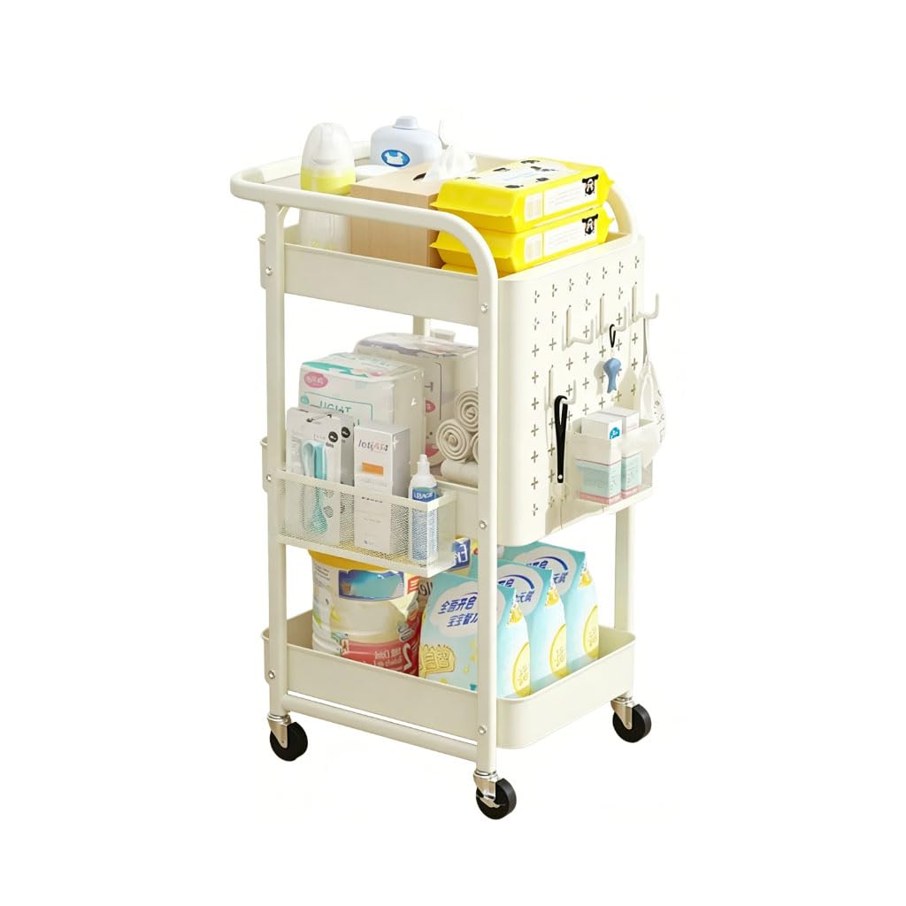 Servierwagen Mit Rollen Und Haken, 3-Tier Bastelwagen Für Küche, Multifunktionaler Rollwagen Schmal Für Haushaltsartikel Lebensmittel Und Bürozubehör,Beige