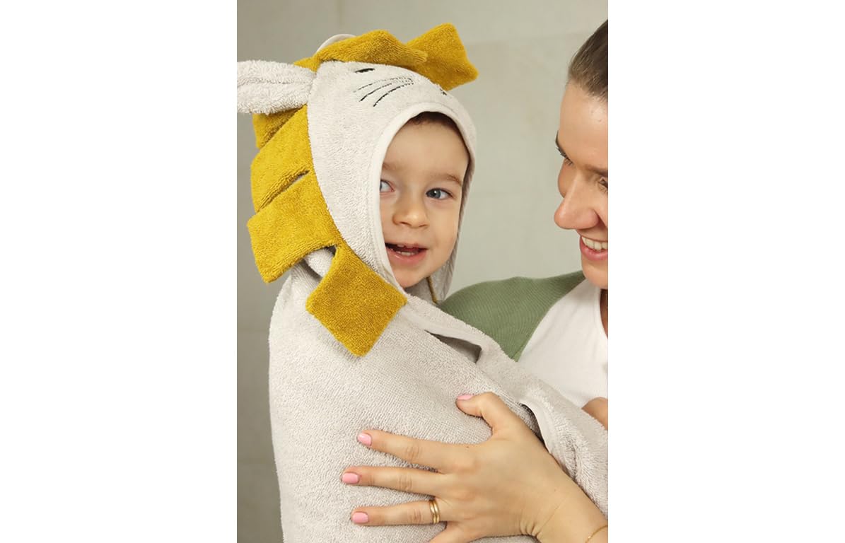 Kindsgut Asciugamano con cappuccio leone in 100% cotone certificato, accogliente e morbido per bambini e neonati, ideale per la casa o il viaggio, 75x75 cm