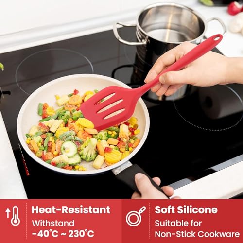 Image of Baskety Silicone Turner Spatula /Slotted Spatula, High Heat Resistant to 480F, Hygienic One Piece Design, Non Stick Rubber Kitchen Utensil for Fish, Eggs, Pancakes, Wok Red Pack of 2