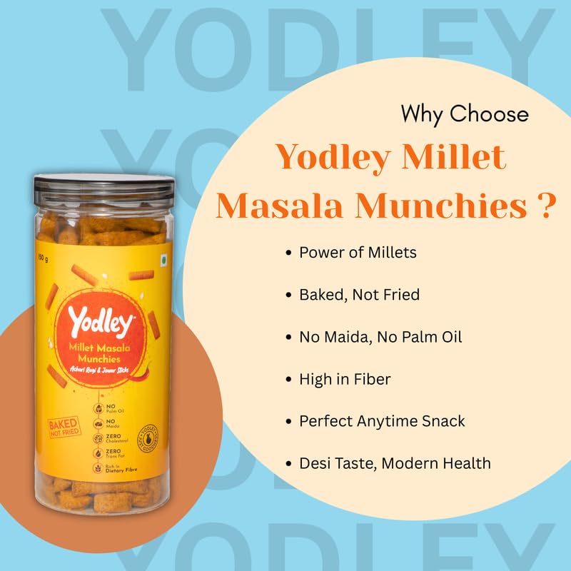 Image of Yodley Millet Masala Munchies - Tangy Achari Flavour - Pack Of 2 | Baked, Not Fried | No Maida, No Palm Oil | Zero Cholesterol | Zero Trans Fat & High In Fiber | Calcium & Iron Rich | Healthy Indian Snack - 150gm