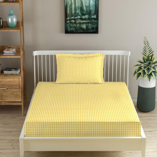 Image of MORADO Glace Cotton Flat Bedsheet for Single Bed with Zipper Pillow Cover, Soft Breathable Comfortable Bedding Sheet for Bedroom Home Hotel Use 60x90 Inches,Yellow Floral,Green Check,Yellow Check