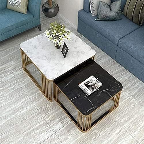 Image of Furniture Cafe Square Nesting Coffee Table Set of 2 with White Marble Look Top & Gold Metal Frame | Modern Stackable Center Tables for Living Room, Bedroom, Balcony & Apartment (White & Black & Gold)