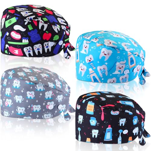 Image of Unittype 4 Pcs Nurse Caps for Women Nursing Working Caps with Button and Sweatband Adjustable Elastic Scrub Hats for Dentist
