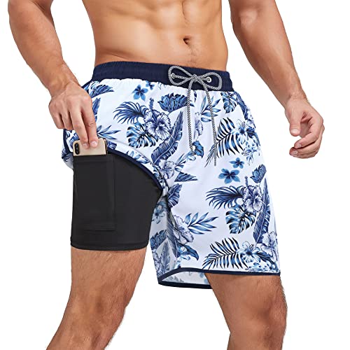 American Trends Men's Swimsuits Mens Swim Trunks with Compression Liner Summer Beachwear Bathing Suit for Men Large White Blue Leaf