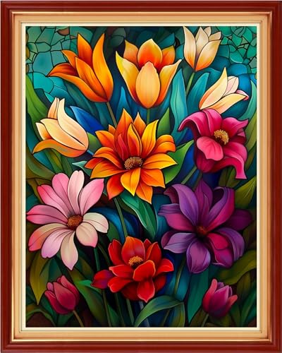 Image of Foxhool Stamped Cross Stitch Kits,11CT Printed Cross Stitch Pattern Full Embroidery Kits for Beginner Needlepoint Kits-Colorful flowers16x20 inch