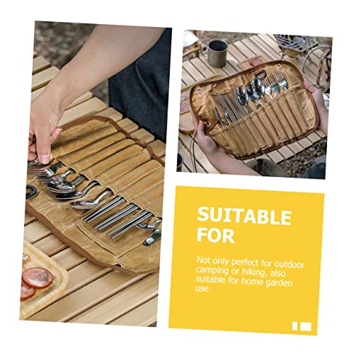 TOPBATHY Camping Cutlery Pouch Picnic Bag Portable Tableware Bag Hanging Organizer, Khaki, 42x26.5cm - Image 2