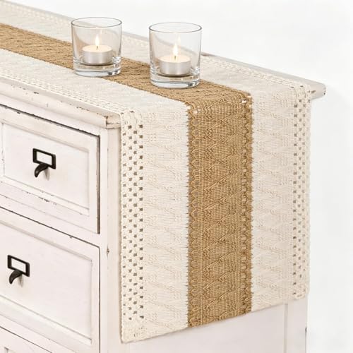 Image of MLMC Ivory & Burlap Boho Table Runner Farmhouse Cotton Burlap Woven Table Runner 72 inch Long Rustic Seasonal Table Decor for Dinning Kitchen Wedding Bridal Shower Eveyrday Use 12x72 Inch