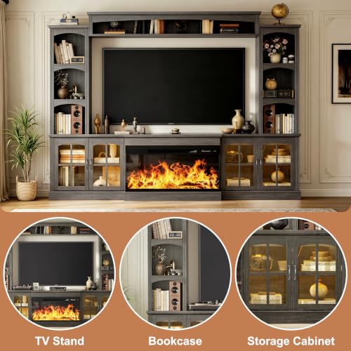 Image of MXV 98 inch Farmhouse Fireplace TV Stand, Large Wall Unit Entertainment Center with 36 inch Electric Fireplace, Media Console with Storage Cabinets and Open Shelves for Living Room, Grey