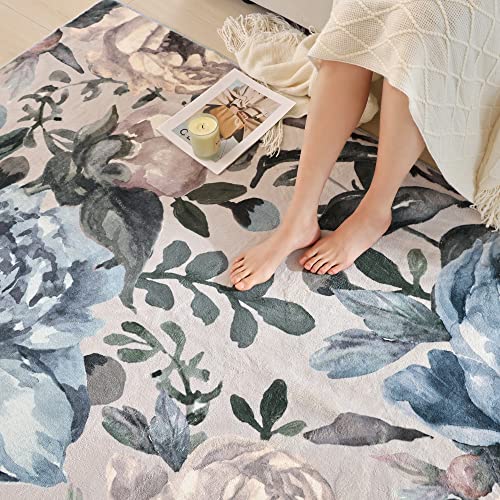 Frozzur 5X7 Area Rug For Living Room, Vintage Blue Floral Rugs For Bedroom Non Slip, Washable Area Rug Flower Indoor Carpet For Home Decor #TOP3