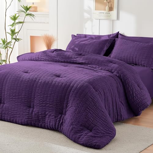 Image of HYMOKEGE Dark Purple Full Size Comforter Sets Seersucker 7 Pieces, All Season Luxury Bed in a Bag for Bedroom, Bedding Set with Comforter, Sheets, Pillowcases & Shams