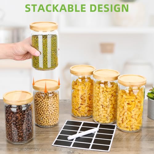 Barattoli Vetro con Coperchio, Set di 6 Contenitori per Alimenti con Coperchi in Bambù, Barattoli Cucina Trasparente, Contenitori per Pasta, Barattoli Spezie per Chicchi di Caffè, Cereali - immagine 5