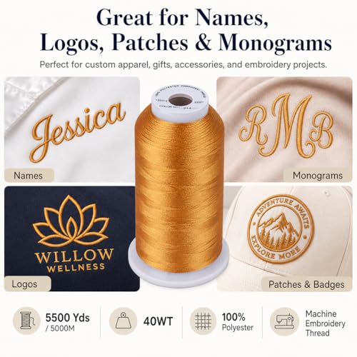 Image of Simthread 5500Yds /5000M 40WT Polyester Embroidery Thread Deep Gold 214 | High-yardage 5000M spool offers smooth feeding and stable 40WT polyester thread for home and commercial embroidery machines.