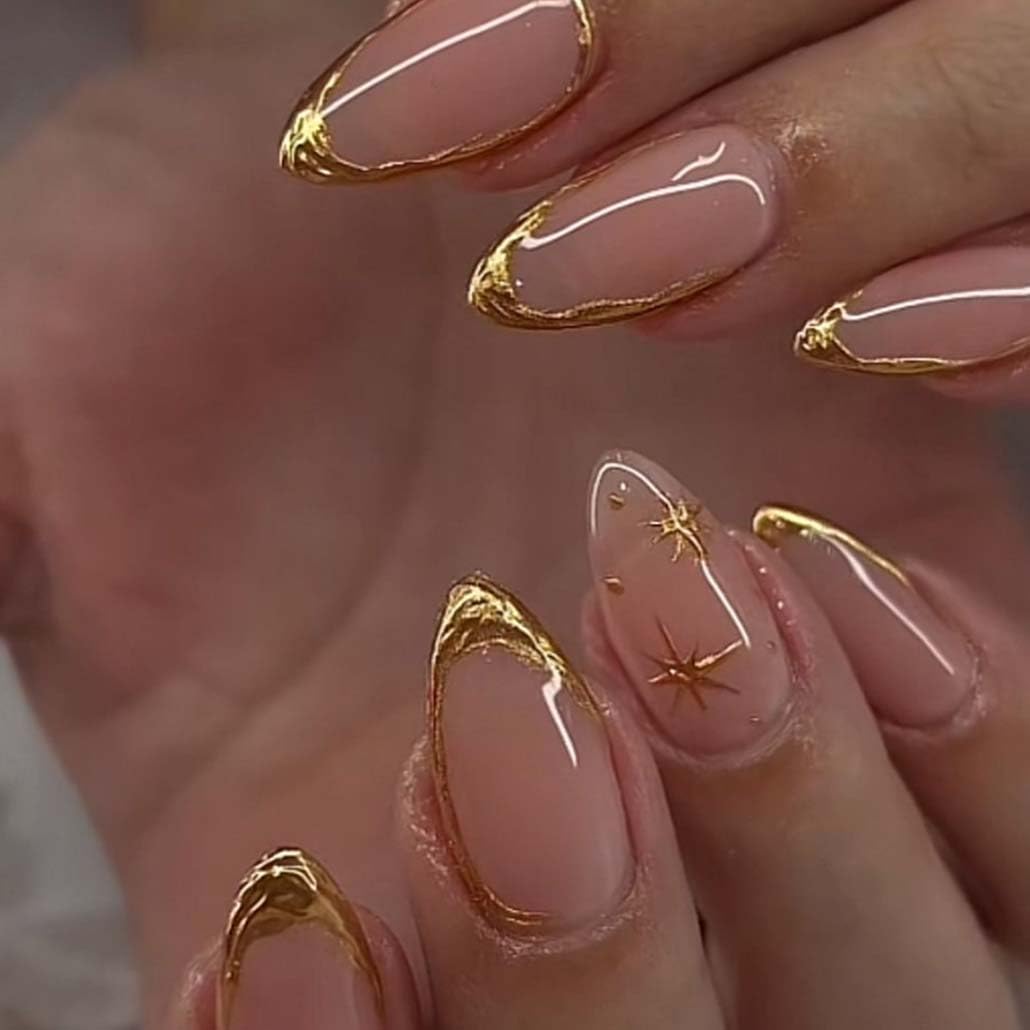 Press on Nails Almond Fake Nails with Gold Line Design Glue on Nails Acrylic Nails Glossy Full Cover