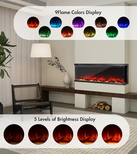MachenFlame 152 cm (60 Zoll) elektrischer Kamin, 3-seitig, Panorama-Glaseinsatz zur Wandmontage, mit 9-Farbiger Flamme, unabhängiger Kaminheizer, 900 W / 1800 W, Schwarz…