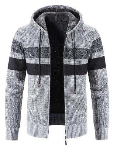 Image of Kinkia Men's Zip Up Hoodies Casual Long Sleeve Full Zipper Sherpa Fleece Lined Knit Cardigan Sweater Jacket with Pockets