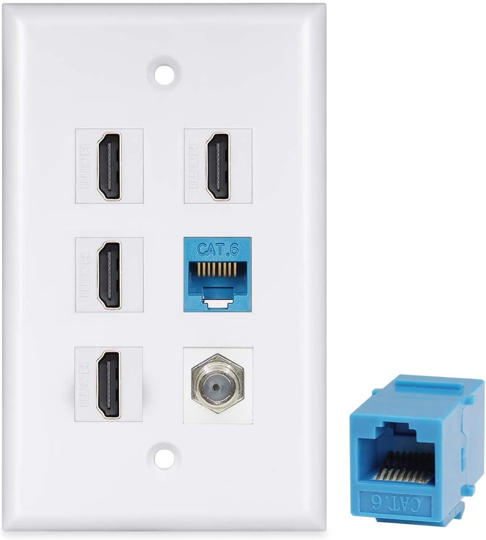 HDMI 2.0 ウォールプレート 4ポート - 4K HDMI イーサネット 同軸ケーブル TV Fタイプ 装飾壁プレート - 4ポート HDMI + 2 Cat6イーサネット+ 1同軸