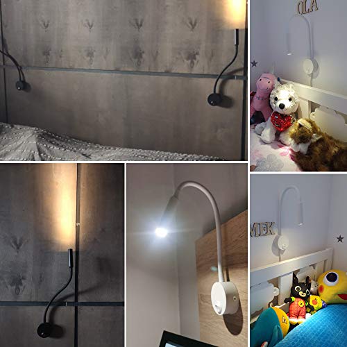 Image of 2-Pack Bed Reading Light Wall Mount Lamp for Headboard, Flexible Neck Reading Lamps, Warm White 3000K Task Light for Hotel, Marine, Yacht, Bunk Bed 4.92ft Cord Plug-in (White)