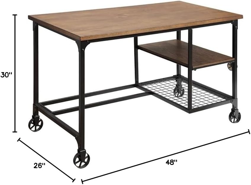 BOWERY HILL Transitional Metal Computer Desk, 48" W x 26" D x 30" H, Steel Metal and Wood Veneer, Antique Black Finish, Spacious Tabletop with Shelves, Open Back Design, Caster Wheel Accents for Home