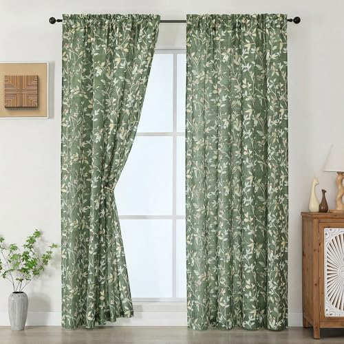 Image of Chyhomenyc Light Filtering 84 Inch Window Curtains - Linen Blend Floral Printed Curtains Drapes for Living Room, Soft Farmhouse Curtain for Bedroom, 52Wx84L Inch, 2 Panels, Green