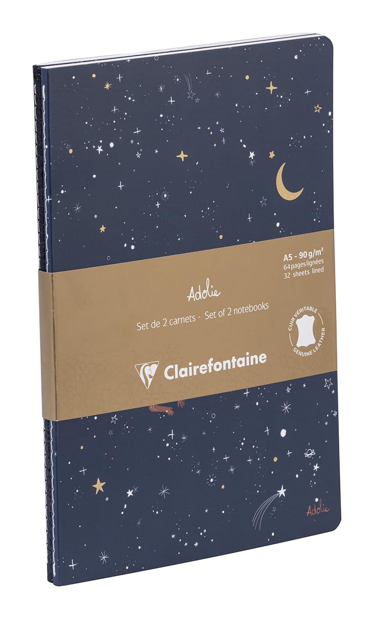 Clairefontaine - 116297C - A Set of 2 Notebooks - Blue Leather & Printed Celestial/Star/Moon A5 14,8x21cm, 64 Pages Lined White Paper 90g Collection Adolie