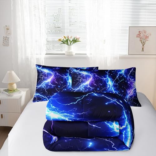 Image of Nttopship Blue Lightning Comforter Set Twin Size Bed in A Bag,Lightning Bedding Set for Teen Adult Blue Room Decor Ultra-Soft Lightweight Microfiber with 2 Pillowcases