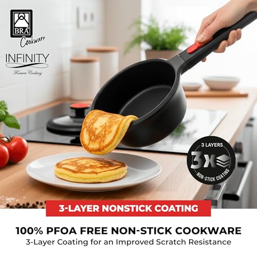 Image of BRA COOKWARE Infinity Nonstick Saucepan with Glass Lid | 6.3 Inch 1.2 Quart Deep Pot | PFAS Free Soup Pot | Deep Pan Ideal for Boiling or Warming on All Cooktops incl. Induction | Removable Handle