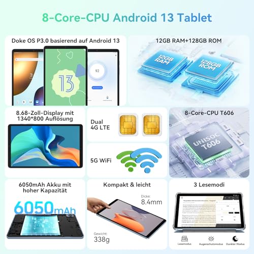Blackview Tab60 Tablet 8,68 Zoll Android 13 Tablet 4G LTE 5G WiFi 12GB RAM 128GB ROM(1TB TF) 6050mAh, 5MP+8MP, Telefonanruf Funktionalität Tragbares Tablet PC Google GMS, Widevine L1 – Bild 3
