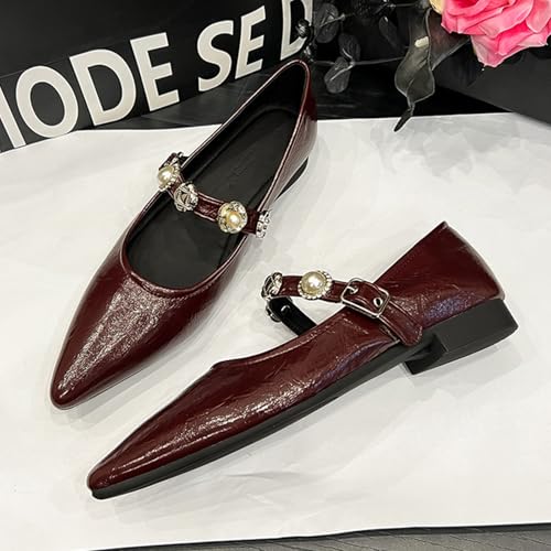 Women's Leather Pointed Toe Mary Jane Flats Fashion Pearl Rhinestone Ankle Strap Dress Ballet Flats for Office Party Walking Formal4