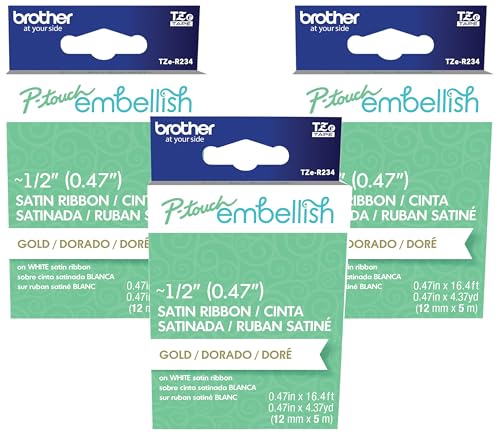 Image of Brother P-Touch Embellish Gold Print on White Satin Ribbon TZER234 - ~ inch Wide x ~13.1' Long for use with P-Touch Embellish Ribbon & Tape Printer (Pack of 3)