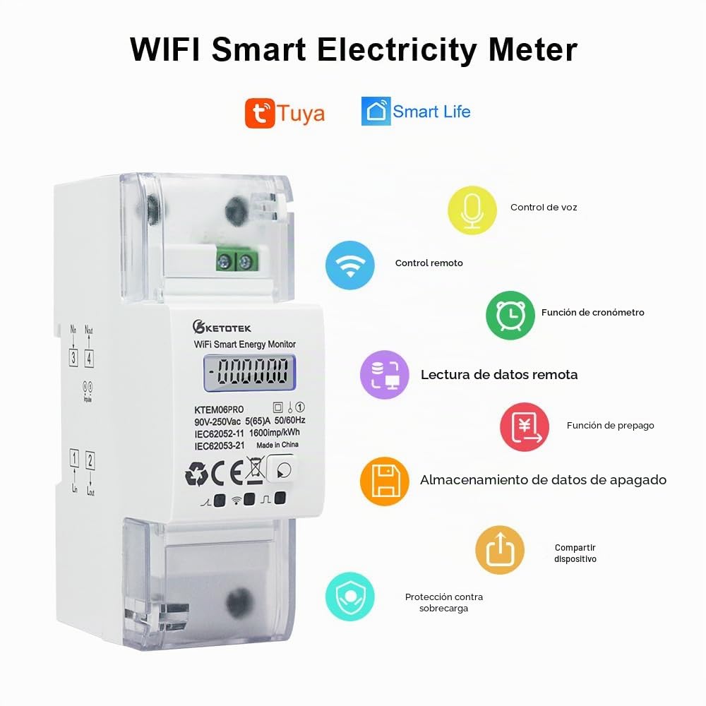 KETOTEK WIFI Medidor de Energia Monofasico, Smart Contador Electrico Bidireccional 5 (65) A 90-250V, Medidor de Electrica Riel DIN Smartmeter