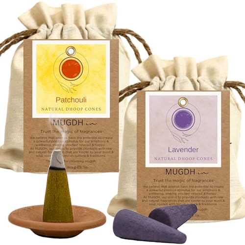 Image of Mugdh Natural Incense Cones Combo - Panadi & Lavender | Bambooless, Low Smoke, Charcoal free Dhoop Cones | 80 Organic dhoop batti | Free Cotton Potli & Dhoop Stand | Home Fragrance, Pooja & Meditation
