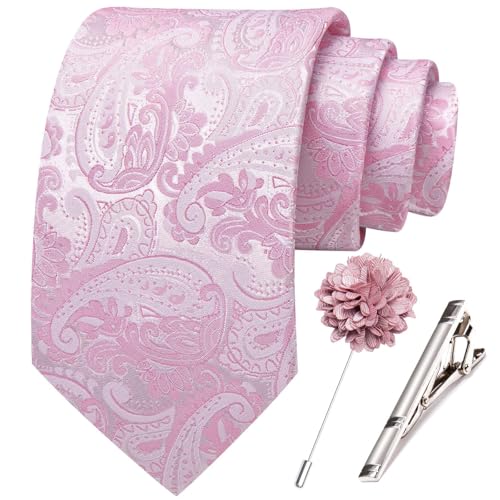 Image of Hi-Tie 63 inches Striped Paisley Extra Long Ties for Men Silk Necktie with Lapel Pin Tie Clip Big and Tall Men Formal Wedding