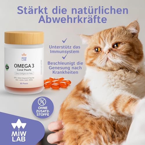 Omega 3 für Hunde & Katzen 60 Fischöl 1000mg EPA + DHA + Taurin + Vitamin E Kapseln für Glänzendes Fell Starke Gelenke & EIN Gesundes Immunsystem Mächtig und Sichere Kleiner und Großer Hund und Katze