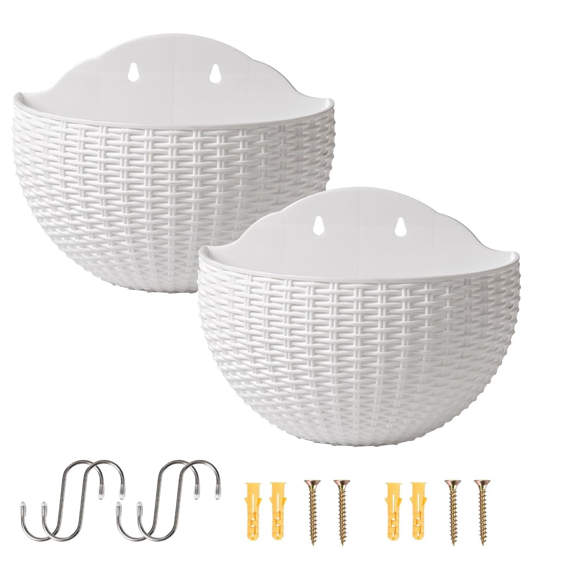 Senda White Wall Mounted Hanging Planters, 2 Pcs Half Round Plastic Flower Pot Plants Basket With Drainage And 4 Hooks, 4 Screws For Garden Patio Balcony Fence (White)