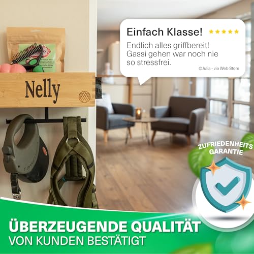 VELONT Hundegarderobe mit Ablage Personalisiert - Größe XL - Perfekter Leinenparkplatz - Bambus - Dogstation für Leinen & Zubehör - Inkl. Kotbeutelspender und Montagekit (04 L Gravur)