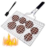 Canasta de Parrilla de Barbacoa de Acero Inoxidable portátil Plegable,Parrilla Plegable con mango extraíble con Cepillo,para Barbacoas al aire Libre,Acampadas,Fiestas