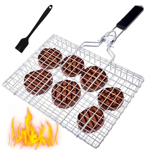 Edelstahl Grillkorb,Fisch Grillhalter,Tragbarer Edelstahl Fischbräter mit Griff und Silikonbürste,Kochen BBQ Zubehör,für Fisch und Gemüse Verschiedene Fleischgrill Geeignet für Den Grill Im Freien