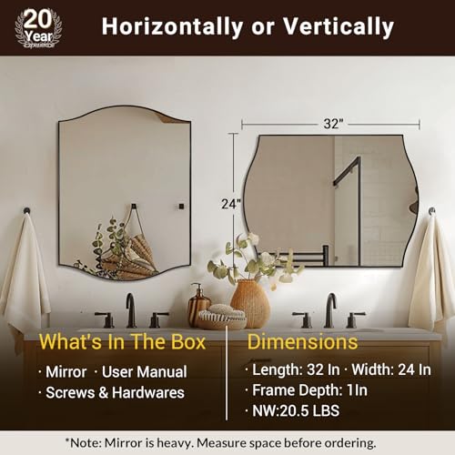 Image of ANDY STAR Scalloped Bathroom Mirror,24 inchx32 inch Black Rectangle Wall Mirror with Curved Edge Stainless Steel Metal Frame, Irregular Vanity Wall-Mounted Mirror for Bathroom, Entryway