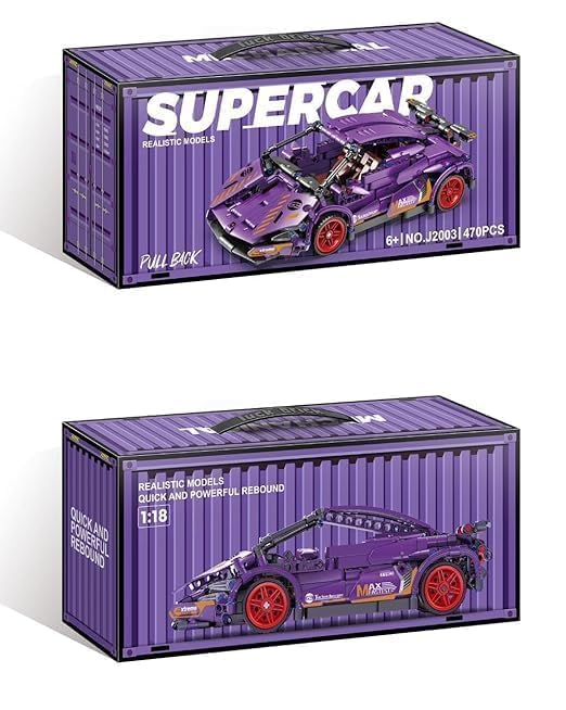 Image of 1:18 Scale Racing Car Building Block Set - Pull Back DIY Assembly Supercar Model | Compatible Bricks Toy for Kids, Adults, Collectors & Racing Car Lovers (Yellow Lamborghini) (Purple)