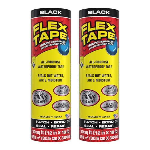 Flex Tape, Original Thick Flexible Rubberized Waterproof Tape - Seal and Patch Leaks, Works Underwater, Indoor Outdoor - Home RV Roof Plumbing and Pool Repairs, Black, 12 in x 10 ft, Pack of 2 by Flex Tape - Used condition - US$74.81