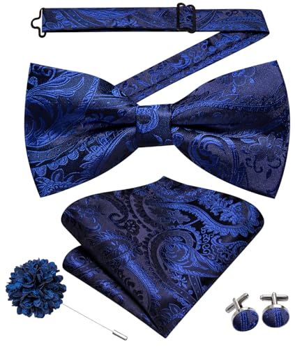 Image of Hi-Tie Bow Tie Men Pre Tied Bowtie Pocket Square Cufflinks Lapel Pin Formal Wedding Bow Ties for Men Party Tuxedo Bowtie Set,Blue Paisley Floral