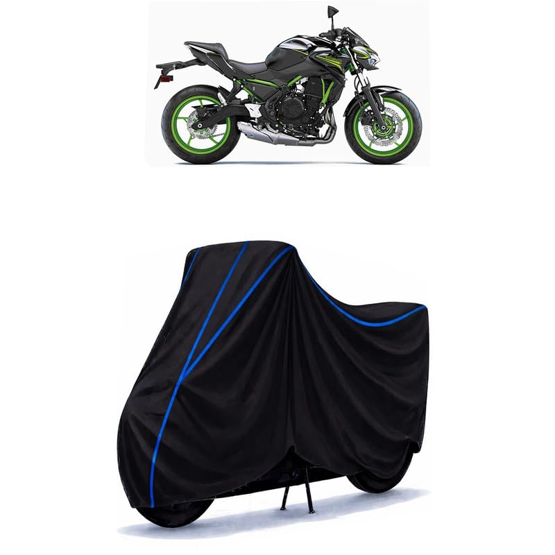 Image of Z650 Standard Bike Cover Water Resistant Universal Motorcycle Rain | Heavy Duty UV Protection, Dust, Scratch Indoor Outdoor All Weather with Black Blue Piping Elastic