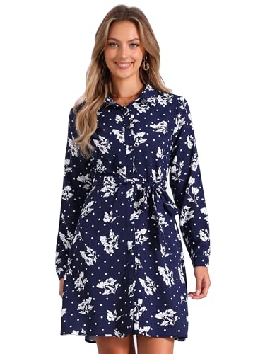 Robe florale vintage bleu marine à col noué idéale pour le bureau