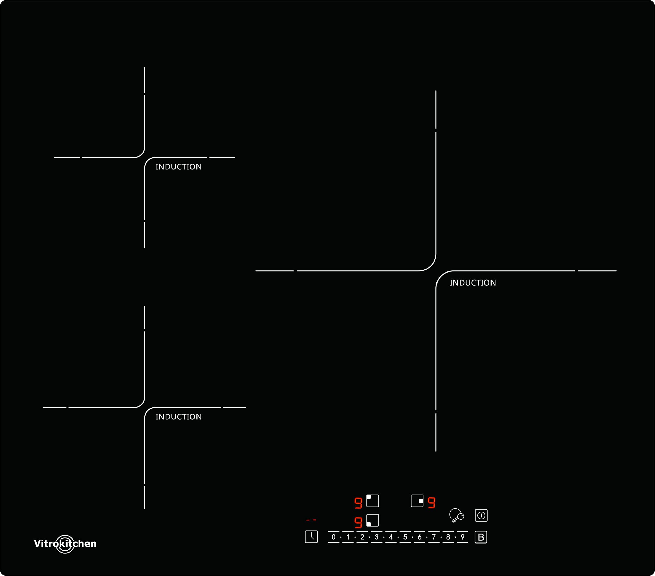Vitrokitchen IND630N - Placa de Inducción, Zona EXTRA GRANDE 32cm, 3 zonas, 9 Niveles de Potencia, Indicador Calor Residual, Bloqueo de Seguridad Niños.