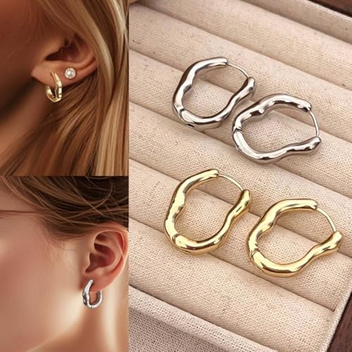 2-Pack Irregular Statement Earrings for Women 14K Gold Plated and Sterling Silver Plated Lightweight Hypoallergenic Jewelry Daily Earrings Set for Gift2