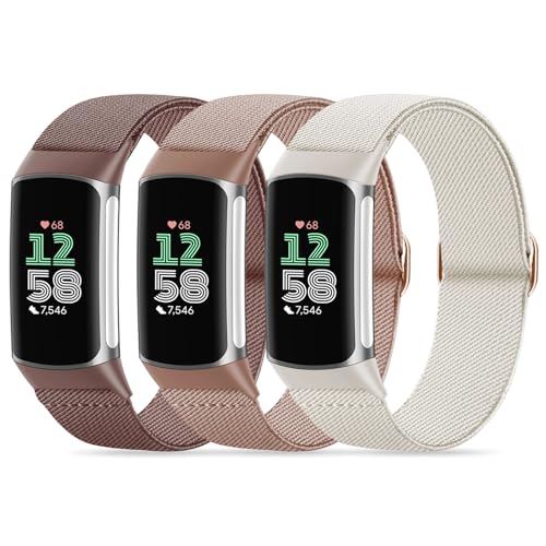 Compatible with Fitbit Charge 6 Watch Bands 3 Pack Stretchy Nylon Sport Loop Wristbands Replacement for Fitbit Charge 5 Band/Charge 6 Fitness Tracker Women Men-Breathable Lightweight Elastic